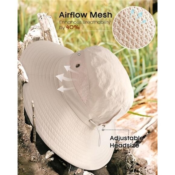 Womens Sun Hat UPF 80 Wide Brim Beach Hiking Outdoor Foldable Ponytail Hole Hat - Picture 7 of 8